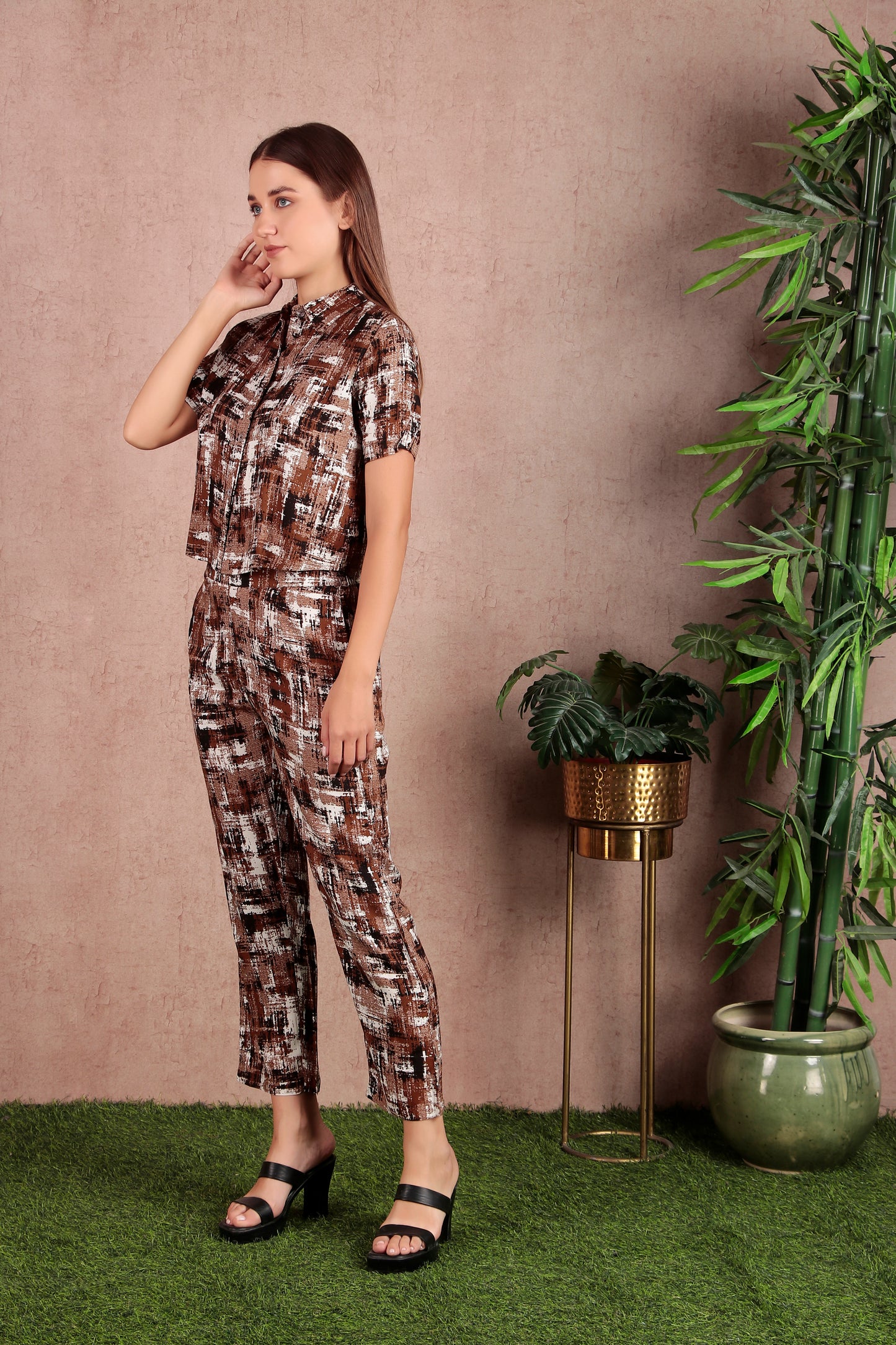 Brown Abstract Printed Premium Rayon Ethinic Co-Ord Set