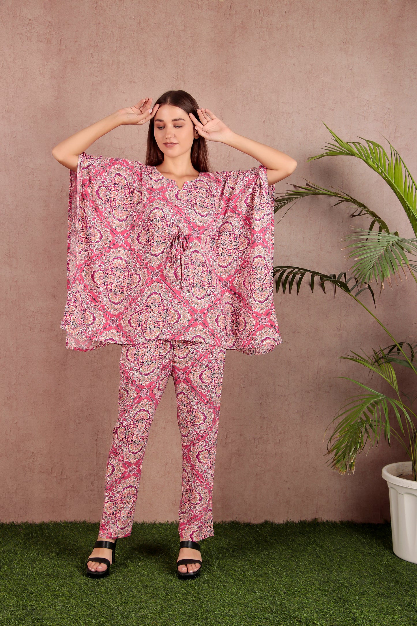Pink & White Abstract Print Viscose Rayon Kaftan Co-ord Set