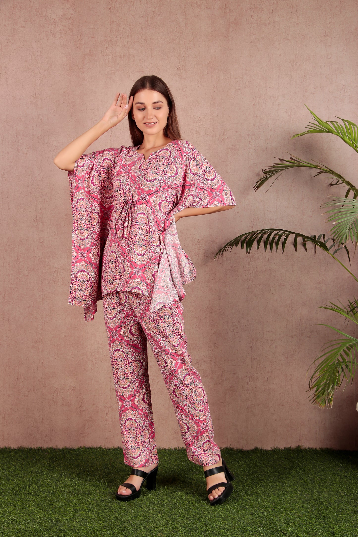 Pink & White Abstract Print Viscose Rayon Kaftan Co-ord Set