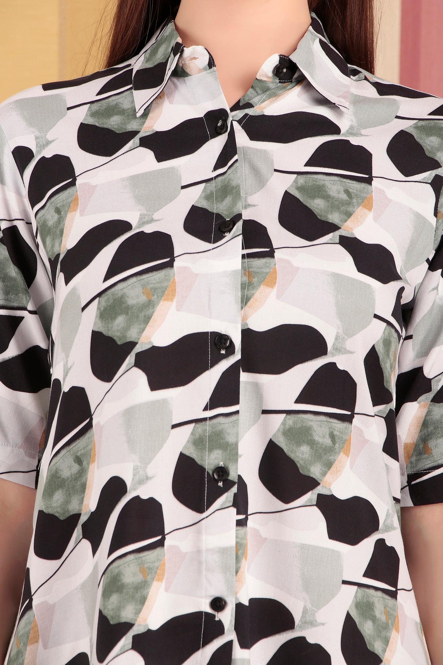 Green & Black Abstract Print Shirt With Shorts Co-ord Set