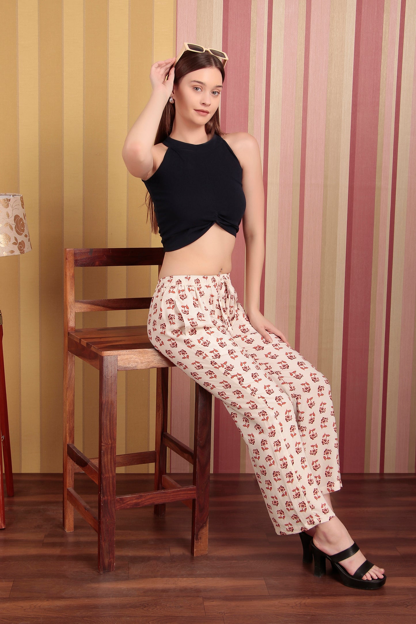 Peach Colour Flower Print Pant