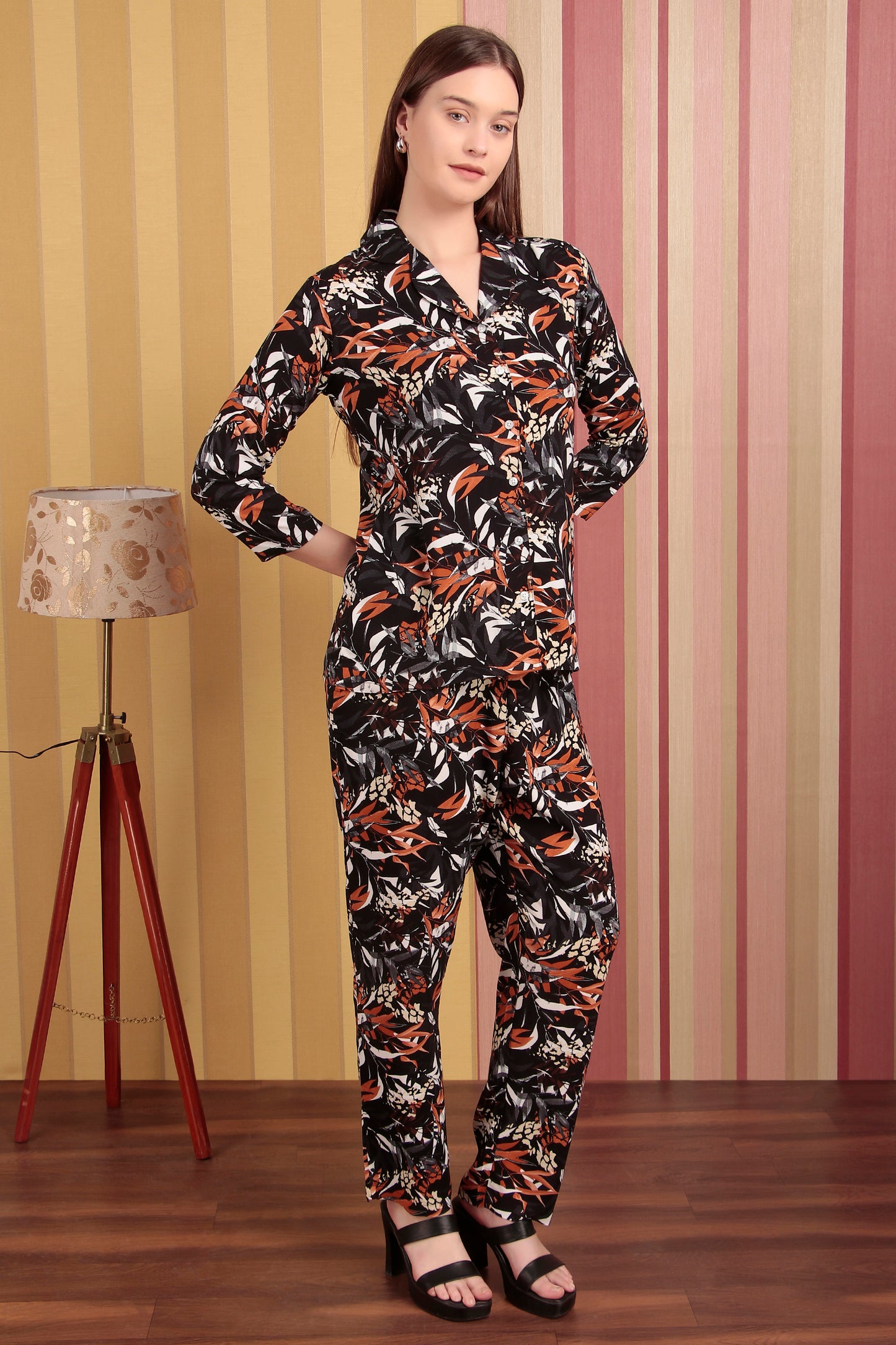 Black and Orange Leaf Print Co-ord Set
