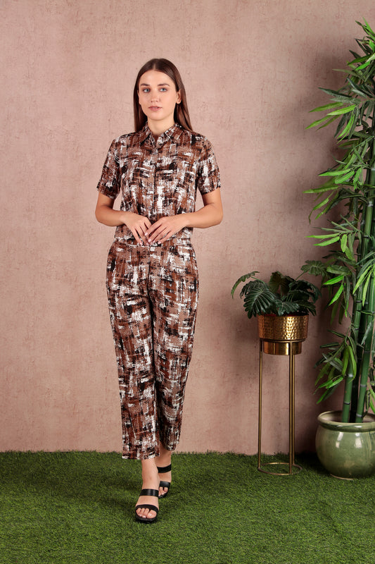 Brown Abstract Printed Premium Rayon Ethinic Co-Ord Set (CLS1SD1BROWN)