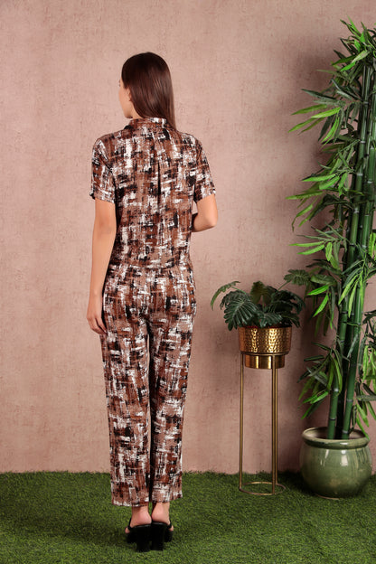 Brown Abstract Printed Premium Rayon Ethinic Co-Ord Set (CLS1SD1BROWN)