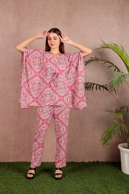 Pink & White Abstract Print Viscose Rayon Kaftan Co-ord Set (CLS9SD3PINK)