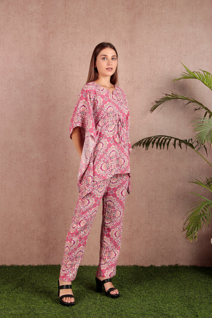 Pink & White Abstract Print Viscose Rayon Kaftan Co-ord Set (CLS9SD3PINK)