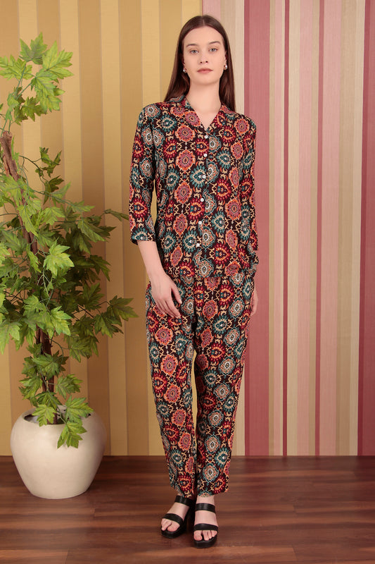 Multicolor flower print co-ord set (CLS23RJ9DBROWN)