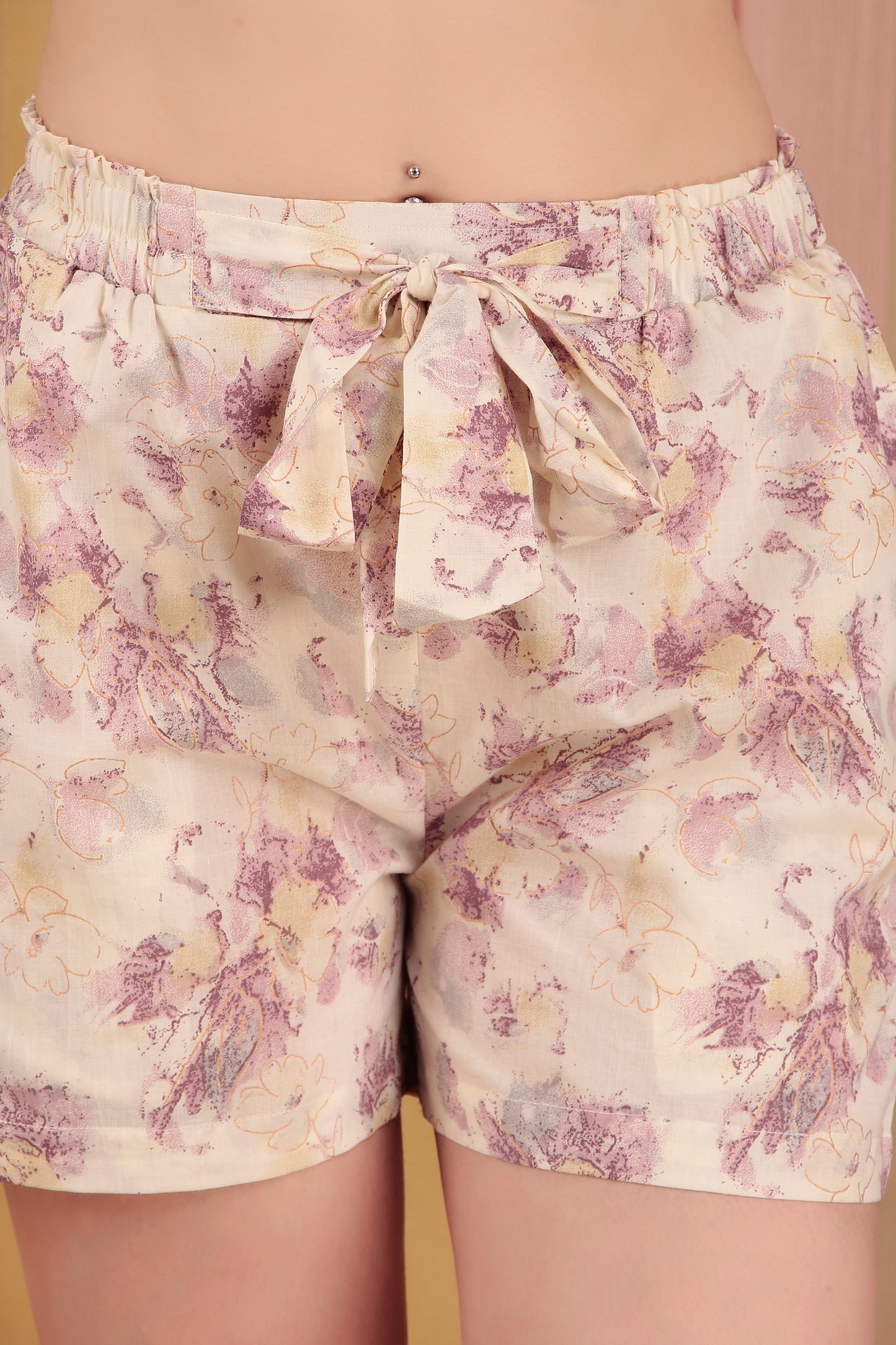 Cream and Voilet Flower Print Shorts