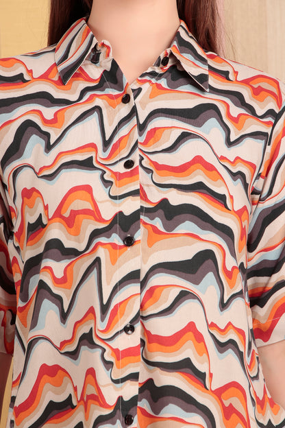 Orange & Black Abstract Print Shirt With Shorts Co-ord Set (CLS6SD4ORANGE)