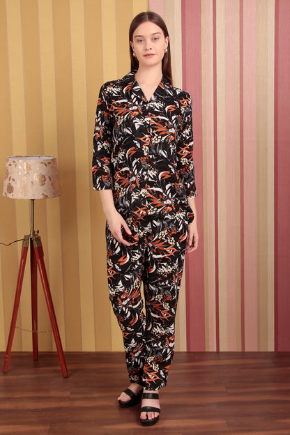 Black and Orange Leaf Print Co-ord Set (CLS21RJ9BLACK)