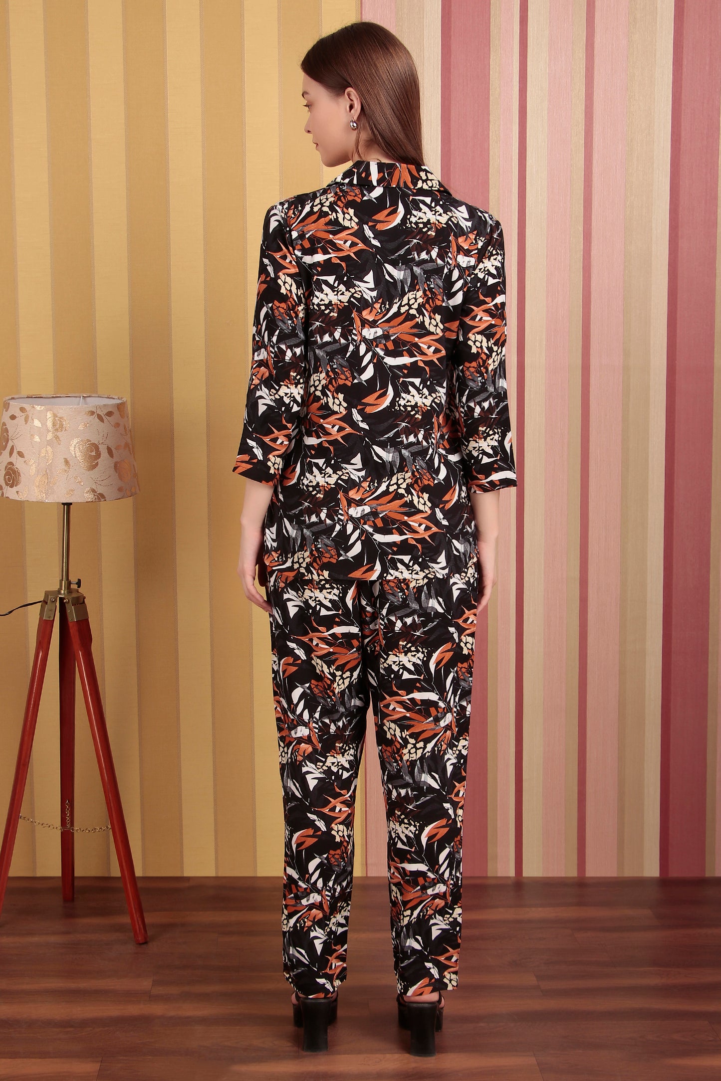 Black and Orange Leaf Print Co-ord Set (CLS21RJ9BLACK)